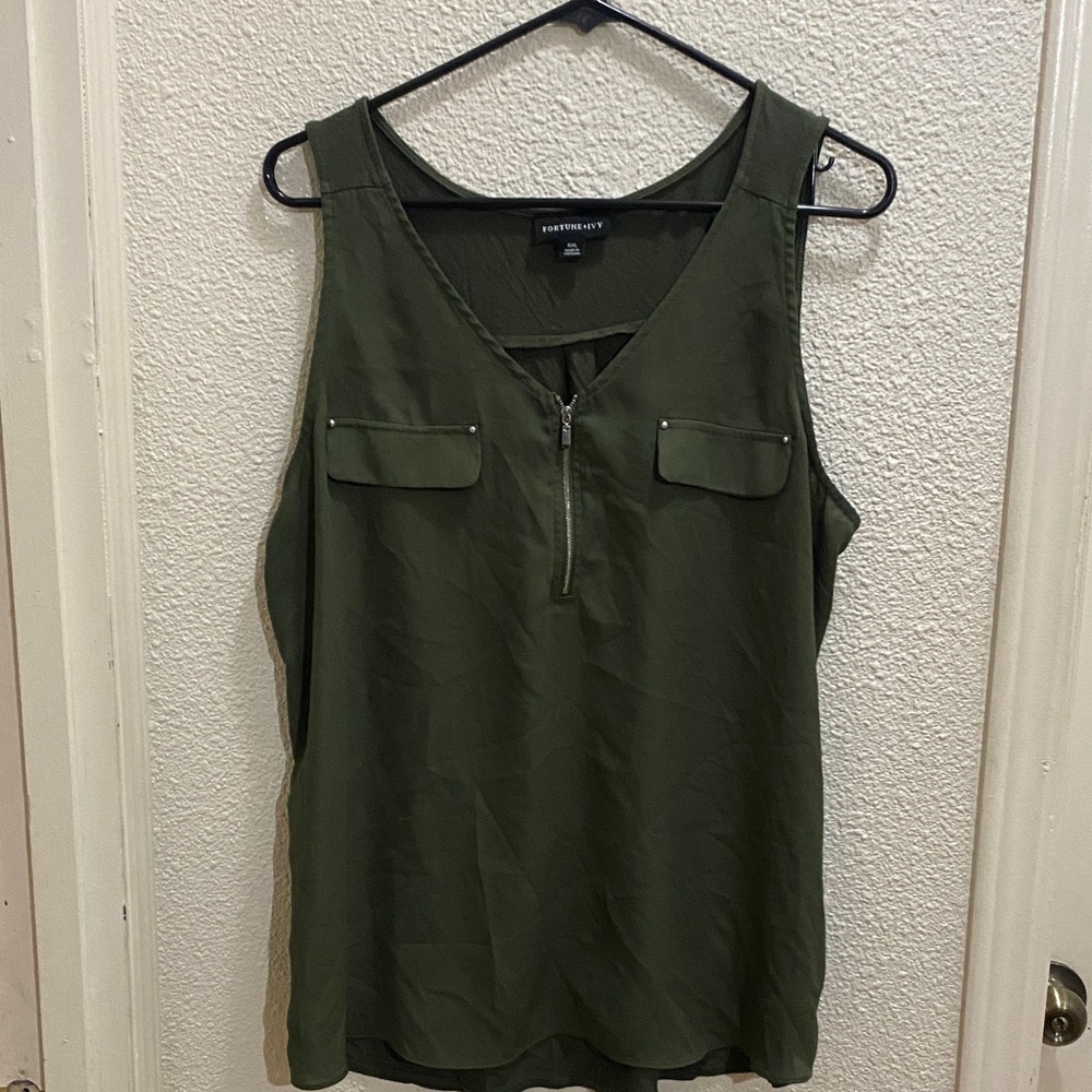 Olive Sleeveless Blouse with Zip Detail XXL